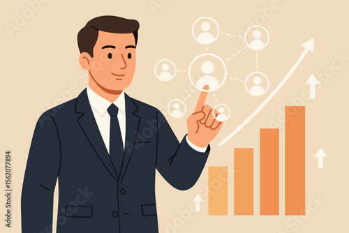 Businessman touching customer network icon for business growth and progress. Manager analyzing financial and investment data on a graph. Concept of economy, CRM, and strategy.