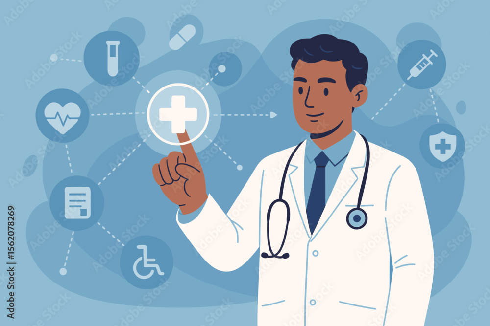 Health tech concept with a doctor touching a medical icon on a virtual interface. Physician using a modern digital screen for telemedicine, online consultation, and medical network services. Health tech concept with a doctor touching a medical icon on a virtual interface. Physician using a modern digital screen for telemedicine, online consultation, and medical network services.