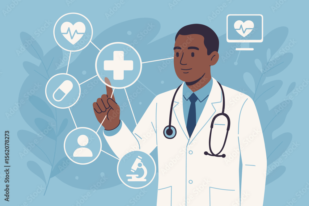 Black doctor using health tech interface for medical networking. Physician with stethoscope touches digital screen with icons for healthcare, telemedicine, and patient data concept. Black doctor using health tech interface for medical networking. Physician with stethoscope touches digital screen with icons for healthcare, telemedicine, and patient data concept.