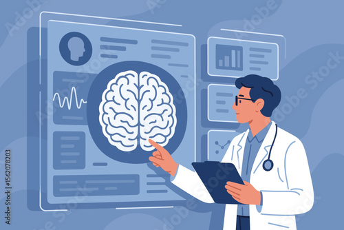 Neurologist doctor analyzing brain scan on a futuristic digital interface. Neuroscience research and medical diagnosis concept. Healthcare technology innovation. Modern flat vector illustration.