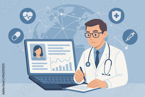 Doctor analyzing electronic medical record (EMR) on laptop. Digital healthcare and telehealth concept with global network, EHR patient data. Online medical consultation vector.