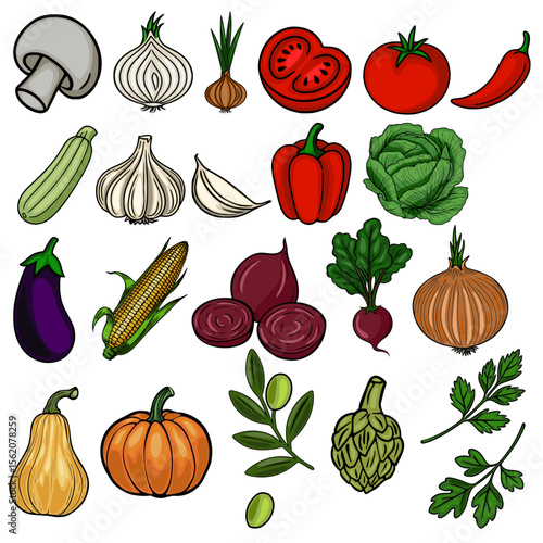 A vibrant vector illustration featuring a diverse collection of hand-drawn vegetables, including mushrooms, garlic, onions, tomatoes, peppers, cabbage, eggplant, corn, beets, and pumpkins, showcasi...