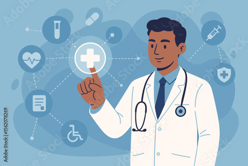 Health tech concept with a doctor touching a medical icon on a virtual interface. Physician using a modern digital screen for telemedicine, online consultation, and medical network services.