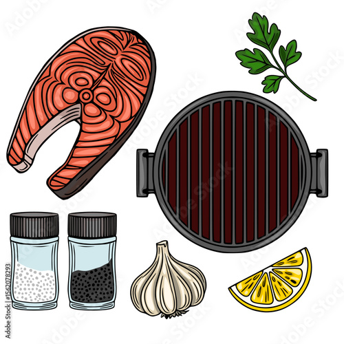 Vibrant vector illustration of grilled salmon steak, grill, lemon slice, garlic, parsley, salt and pepper shakers, perfect for culinary designs and menus.
