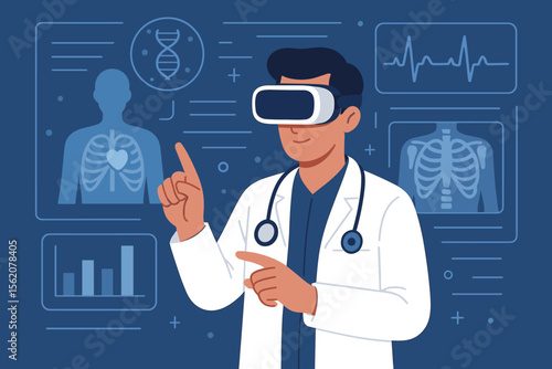 Doctor in VR glasses. Healthcare and medical technology concept. Futuristic medicine innovation. Physician using augmented reality simulator to analyze patient diagnosis, EKG, X-ray, DNA.