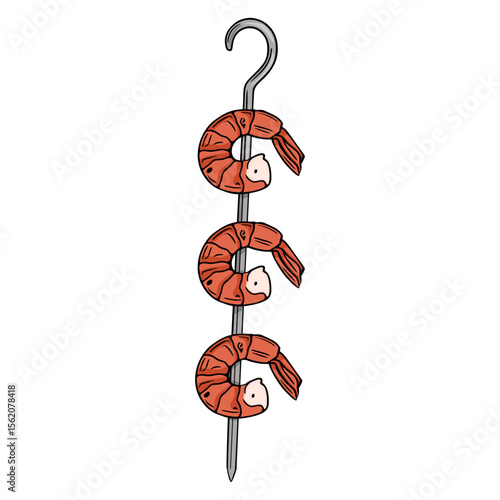 Vector illustration of three grilled shrimps on a skewer, presented in a vertical arrangement with a detailed hand-drawn style, showcasing vibrant orange hues and metallic grey accents.