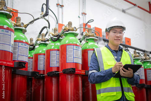 Foto Fire protection gas system inspection worker wearing safety helmet and reflectiv