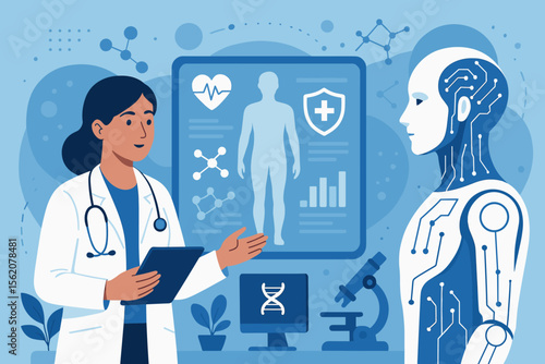 Futuristic healthcare technology concept. Doctor with tablet consults an AI robot. Medical research, digital diagnostics, and health innovation. AI-powered medicine analysis vector.