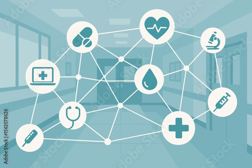 Medical Technology Network Connection with Virtual Interface, Hospital Background, Healthcare Icons, Digital Medicine, Telemedicine, Data Exchange, Modern Flat Vector Illustration