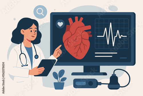 Cardiologist Doctor Using Medical Technology for Heart Diagnostics. Flat Vector Illustration of Heart Examination, ECG Monitor, Healthcare Innovation, Cardiovascular Disease Prevention, Digital Health