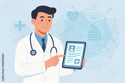 Medical doctor holding digital tablet with electronic health record, DNA helix, digital healthcare network, virtual interface, innovation in science, telemedicine, futuristic medicine technology