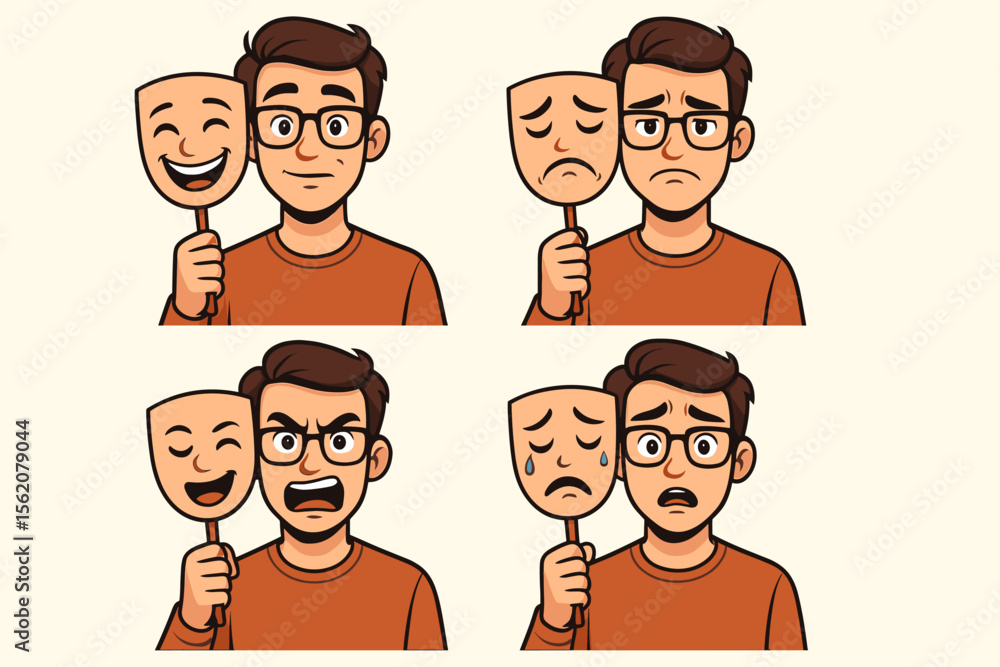 Fototapeta premium Cartoon young man holding mask in hand, multiple emotional expressions, concept of hiding feelings, mental health, self-identity, psychology, vector illustration, isolated character design