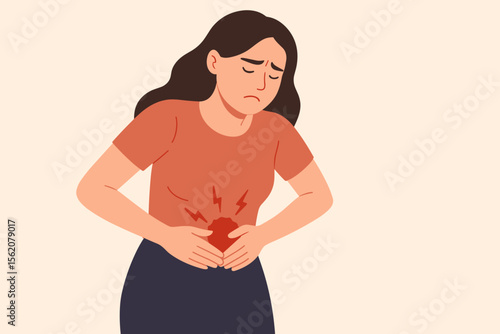 Woman clutching abdomen with stomach pain, suffering from menstrual cramps, period pain, gastritis, ulcer, appendicitis, digestive disorder, gastrointestinal disease, healthcare concept illustration