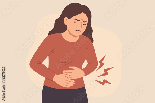 Woman suffering from stomach pain, abdominal cramps, menstrual period discomfort, digestive issues, gastric ulcer, appendicitis, gastrointestinal disease, healthcare concept illustration