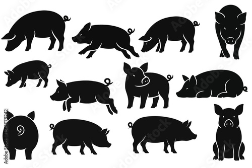 Pig silhouette vector set of farm animal symbols for graphic design