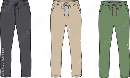 Front view jogger pants technical flat sketch in multiple colors, drawstring waistband, casual wear, cad drawing, vector illustration