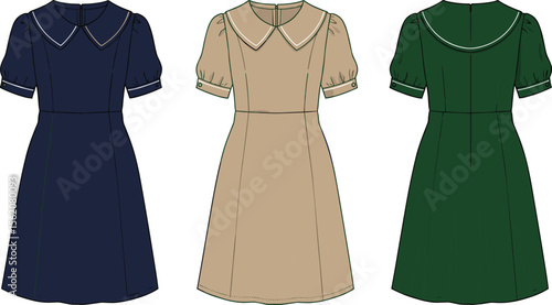 Girls puff sleeve dress cad, front and back view, flat fashion technical sketch, peter pan collar vector, stylish outfit illustration