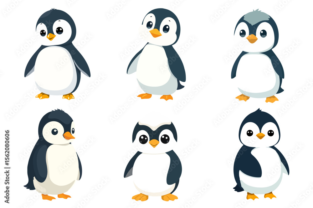 Naklejka premium Set of Cute Happy Cartoon Penguin Vector Illustrations - Adorable Bird Graphics Collection