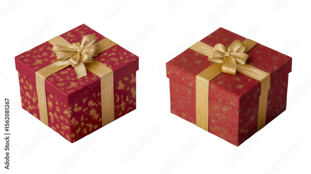 Fototapeta premium Two red and gold gift boxes festive elegant presents wrapped with decorative ribbons isolated on white background