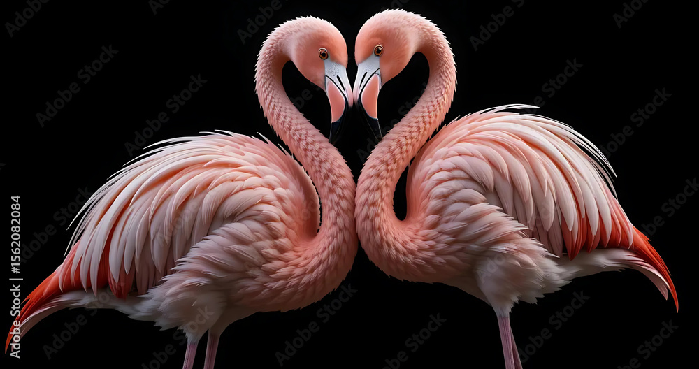 Obraz premium Two pink flamingos create a heart shape with their necks against a black background, symbolizing love, romance, and connection.