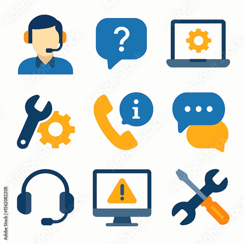 Technical support and assistance vector icon set presenting service solutions