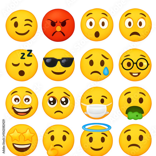 A grid of diverse emoji faces expressing a wide range of emotions including happiness sadness anger surprise and sickness against a transparent background. Emoji day, PNG