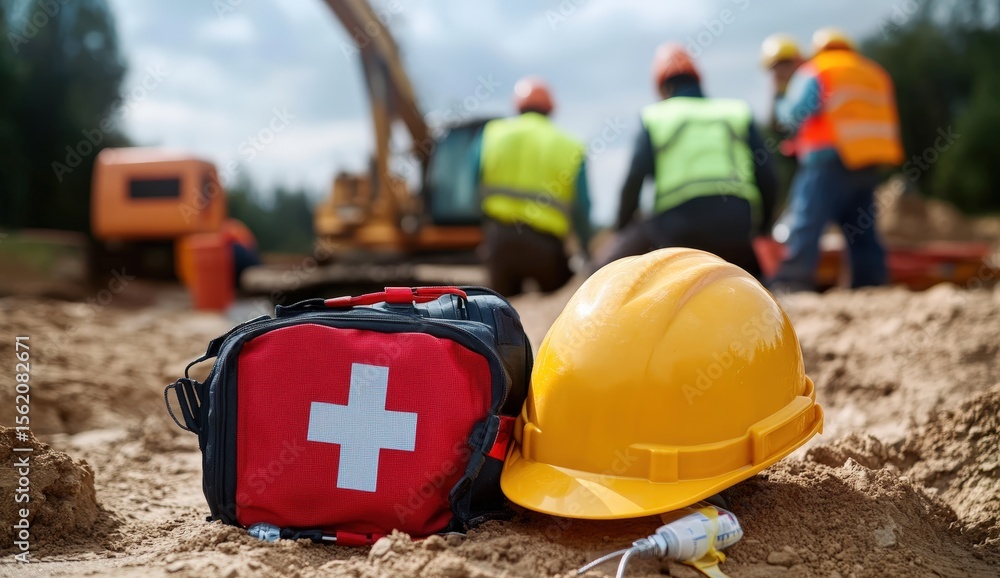 Obraz premium A yellow construction helmet and first aid kit lie on dirt at a job site with workers in safety vests and hard hats blurred in the background.