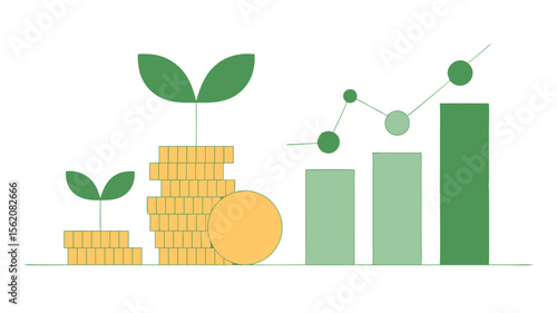 Financial Growth Illustration Seedlings from Stacks of Coins with Increasing Bar Graph Line Chart