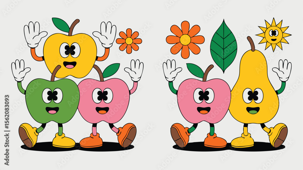 Obraz premium Retro Cartoon Fruit Characters Smiling Apples, Pear, Flowers, and Sun Groovy Illustration