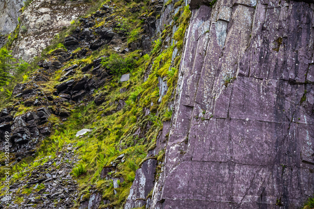 Obraz premium Textured Layers of Ancient Slate Rock with Vibrant Green Moss