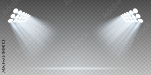 Shiny spotlight beams on dark stage background. Blue vector rays with glow and sparkle effects. Abstract night scene for concert, disco, stadium or nightclub. Transparent, decorative light design.