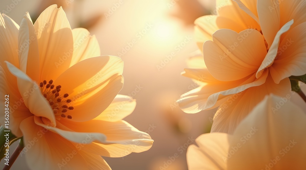 Fototapeta premium Beautiful orange flowers blooming in warm, golden sunlight. A soft-focus, dreamy spring or summer background capturing the essence of nature's beauty and new beginnings.