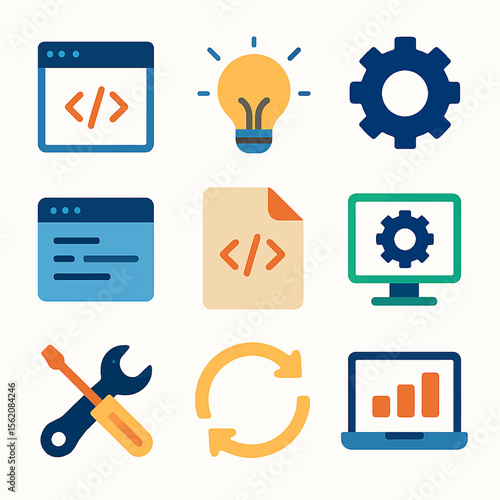 Vector Illustration of Coding, Development, and Technical Support Icons Set on White Background