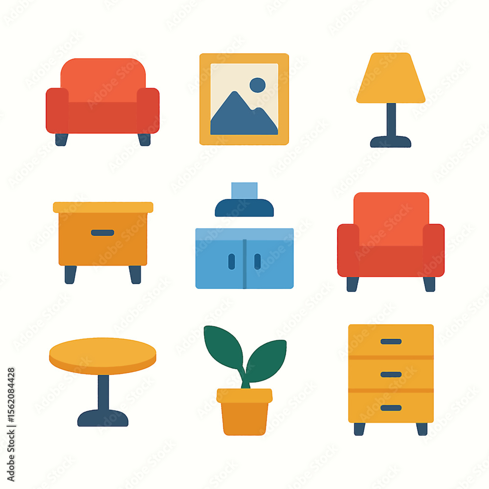 Vector illustration showcasing a collection of indoor furniture and home decor elements Vector illustration showcasing a collection of indoor furniture and home decor elements