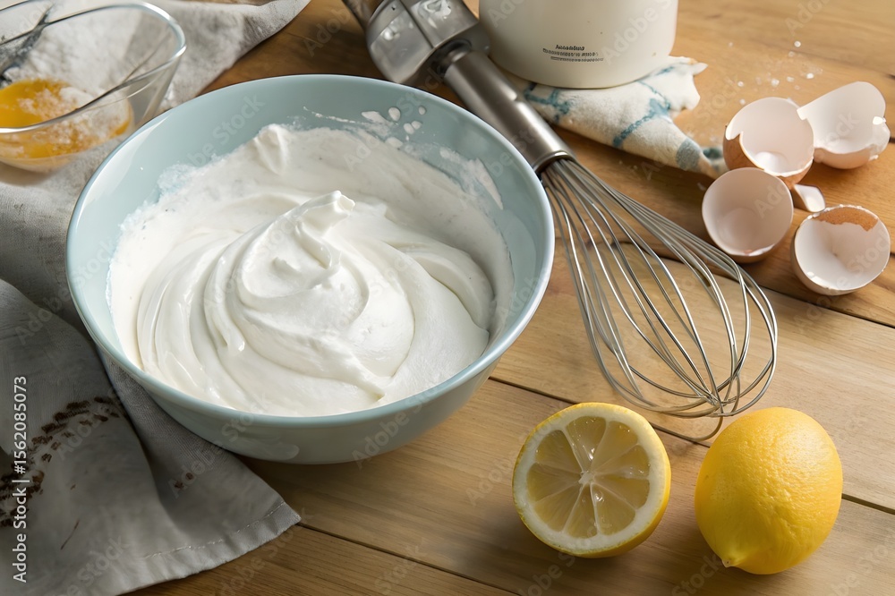 Whipped egg whites for cream on wooden table, top view Whipped egg whites for cream on wooden table, top view