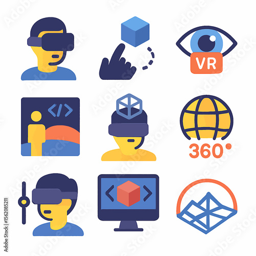 Virtual reality experience technology icons set showcasing immersive digital environments