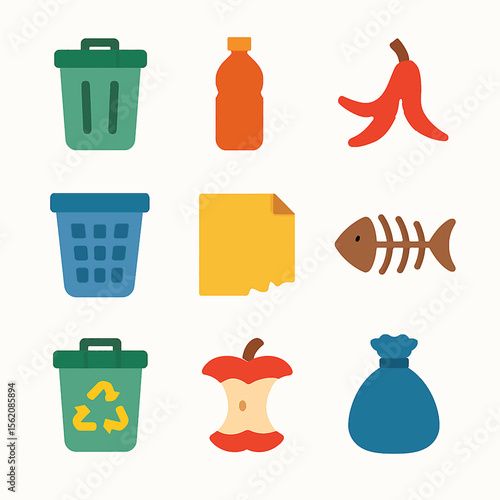Waste management icons showing trash cans, bottle, peel, paper and other waste items