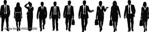 PrintSilhouettes of diverse business professionals standing, walking with briefcases, corporate teamwork concept, leadership symbol, modern workplace diversity, 
