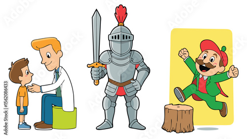 Cartoon Doctor with Patient, Knight with Sword, and Jumping Character on Stump