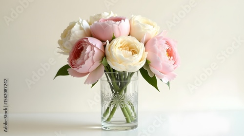 An elegant bouquet of fresh pink and white peonies in a clear glass vase. A beautiful, light, and airy floral arrangement perfect for celebrations or home decor.