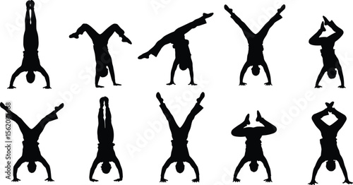 Handstand silhouette collection, acrobatic balance moves, gymnastic leg positions, body control skill, yoga strength display, fitness flexibility icons, artistic pose series, motion energy form