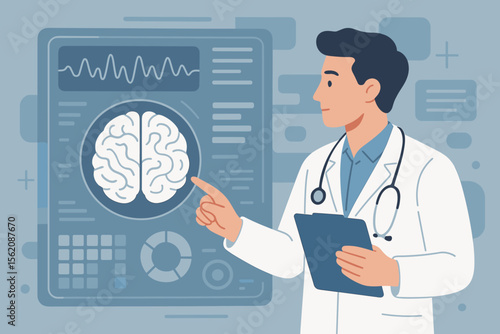 Doctor neurologist analyzing brain scan and EEG on digital screen. Medical diagnosis, neurology research concept. Healthcare professional studying brain activity. Neuroscience technology.