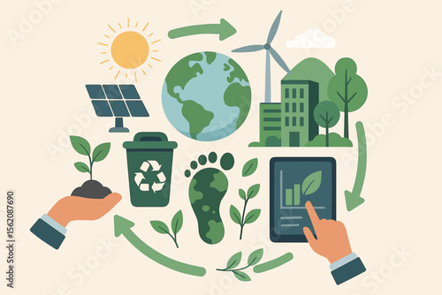 Sustainable development and circular economy concept. Eco friendly icons for ESG and CSR. Green energy with solar panels, wind turbine. Reduce carbon footprint and recycle for the planet.