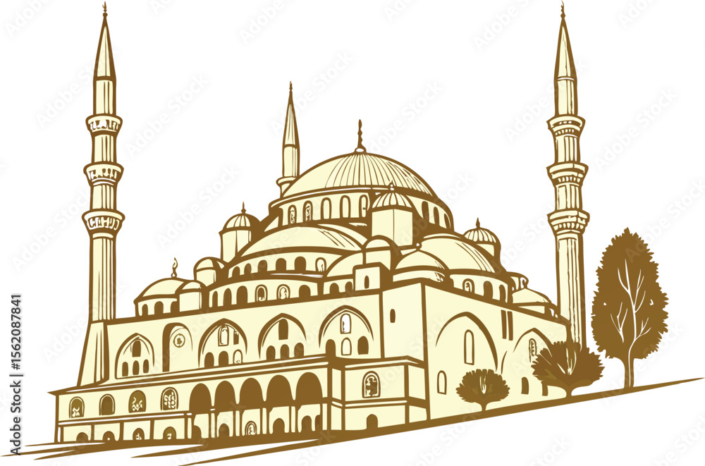 Fototapeta premium Islamic Architecture Design Set Featuring Mosques Minarets Domes and Arches. Mosque Illustration Collection with Islamic Patterns and Religious Elements. Traditional Mosque Design with Crescent Moon 