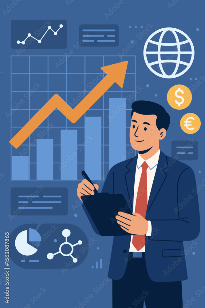 Financial analyst manager analyzing data for investment strategy. Economic growth chart. Global business, stock market trading, currency exchange, banking, and profit concept. Financial analyst manager analyzing data for investment strategy. Economic growth chart. Global business, stock market trading, currency exchange, banking, and profit concept.