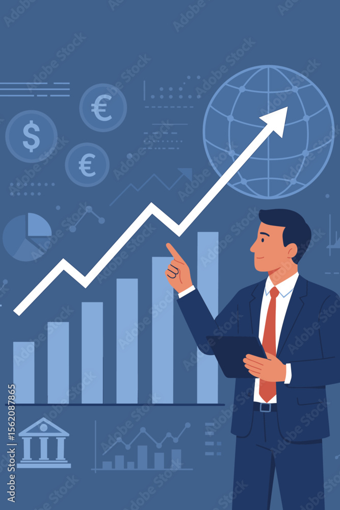 Businessman analyzing financial investment strategy for economic growth. Manager pointing at stock market chart and data analytics dashboard with global currency exchange rates. Businessman analyzing financial investment strategy for economic growth. Manager pointing at stock market chart and data analytics dashboard with global currency exchange rates.