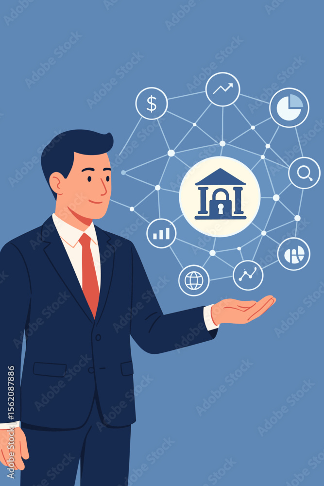 Businessman with banking network icons for online access to financial big data. Secure fintech system concept. Digital banking, investment management, and business technology. Businessman with banking network icons for online access to financial big data. Secure fintech system concept. Digital banking, investment management, and business technology.