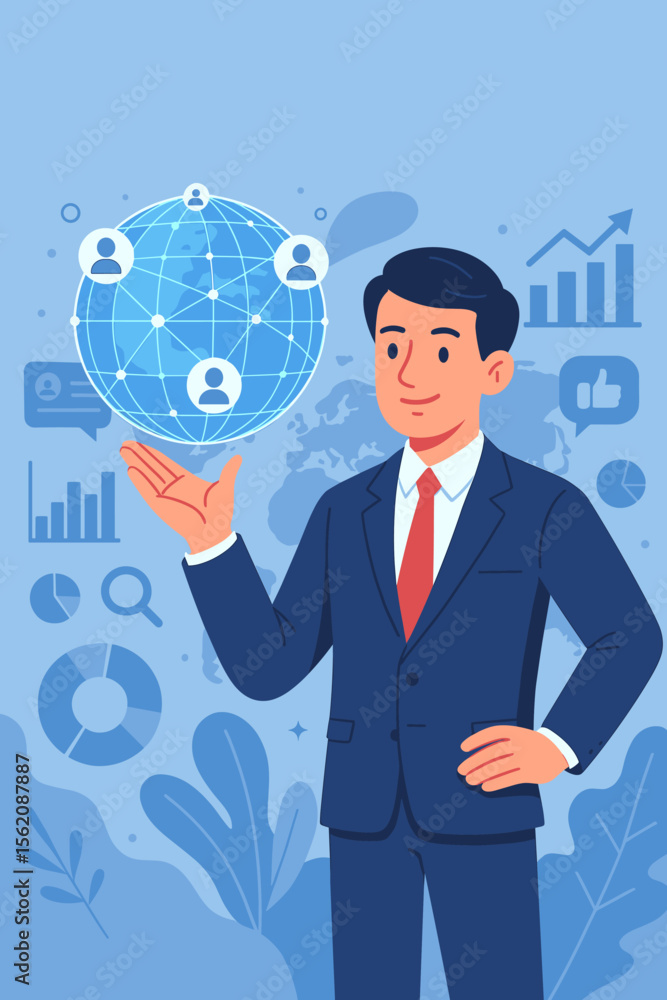 Businessman holding a global network connection. Concept of social networking, customer data analytics, and business strategy. Smart intelligence, digital marketing, and technology. Businessman holding a global network connection. Concept of social networking, customer data analytics, and business strategy. Smart intelligence, digital marketing, and technology.