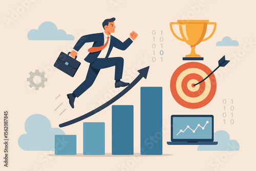 Career growth and business success concept. Ambitious businessman with briefcase running up a bar chart arrow to a target. Technology, data analysis, and goal achievement vector.