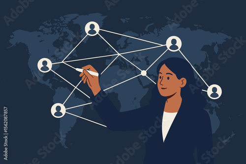 Businesswoman drawing global network structure over a world map. Concept for international connections, data exchange, social networking, customer relations, and business strategy.